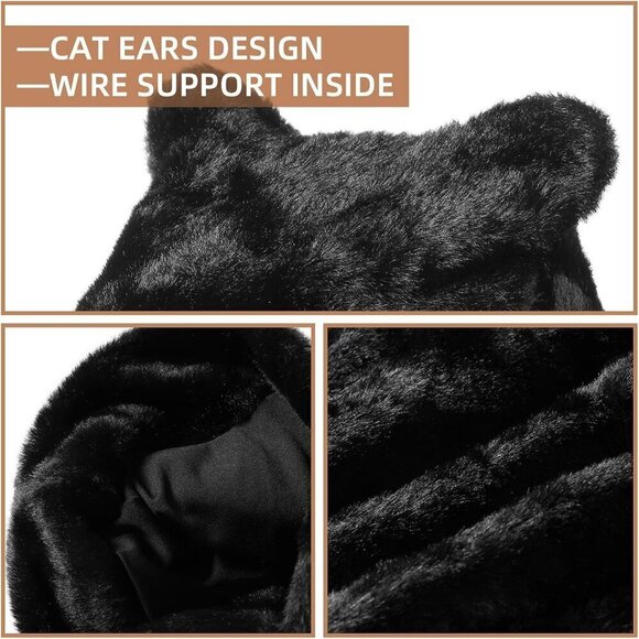 Women\'s Black Winter Beanie Hat Cute Cat/Bear Ear Hat with Internal Support